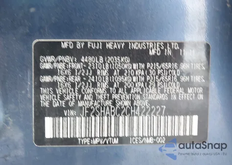 2012 Subaru Forester 2.5X z USA, uszkodzony, nr VIN JF2SHABC2CH422227